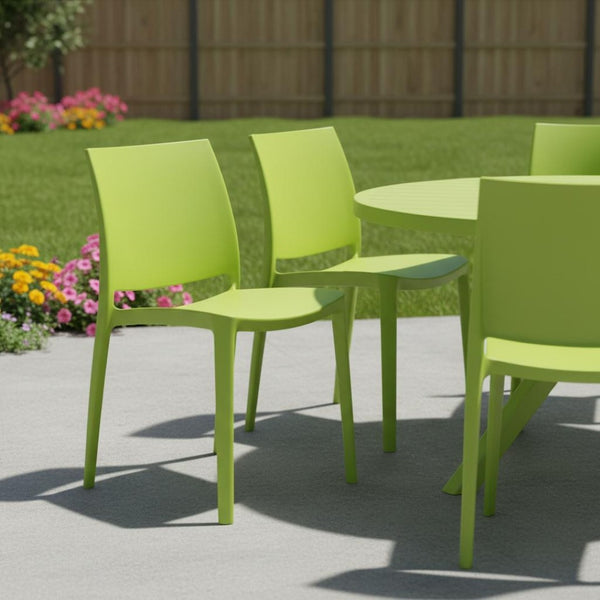 HomeRoots Set of Four Green Stacking Chairs – Heavy-Duty Outdoor Seating for Patio, Poolside, or Dining Areas 565213