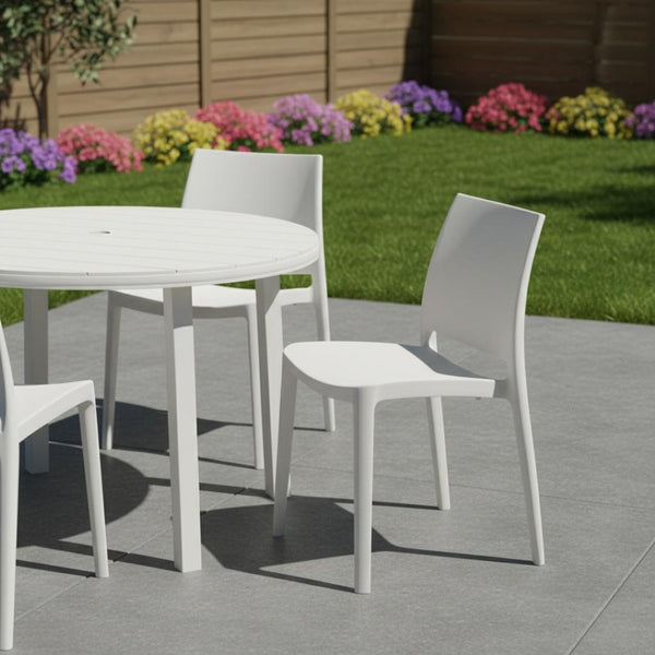 HomeRoots Set of Four White Heavy-Duty Plastic Stacking Chairs for Modern Outdoor Dining & Comfort Use 565214