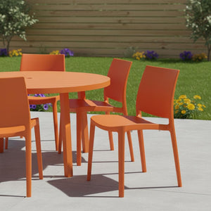 HomeRoots Set of Four Vibrant Orange Heavy-Duty Outdoor Stacking Chairs for Stylish Dining & Comfort 565215