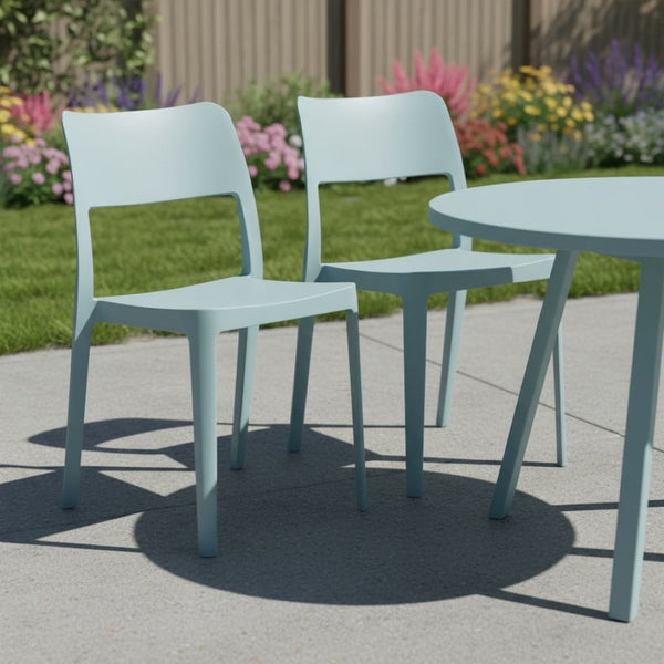 HomeRoots Set of Two Stylish Baby Blue Stackable Plastic Chairs for Indoor & Outdoor Comfort & Durability 565223