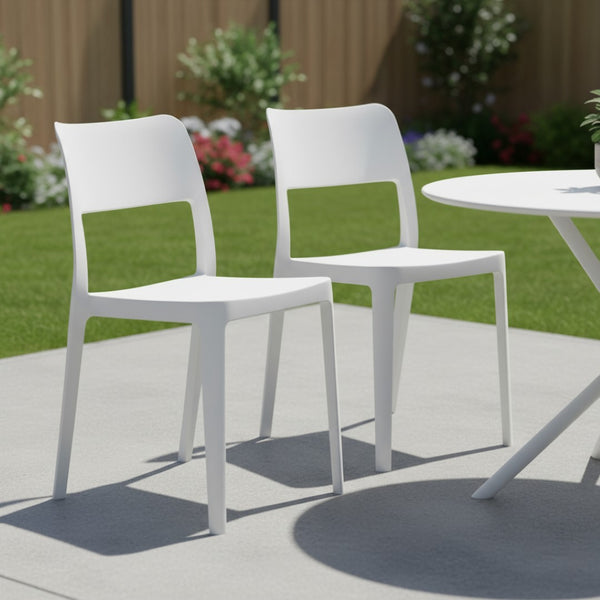 HomeRoots Set of Two White Heavy-Duty Plastic Stacking Accent Chairs for Outdoor and Indoor Use 565226