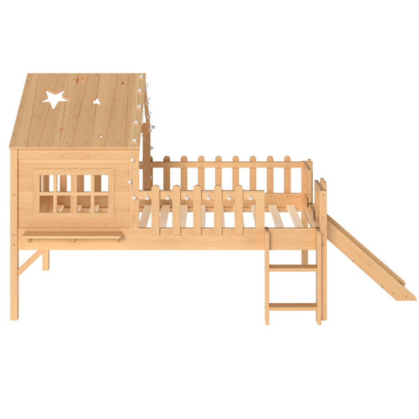 English Elm Twin Playhouse Loft Bed Solid Pine Frame with Slide Led Lights and Star Roof Natural W5316S00002