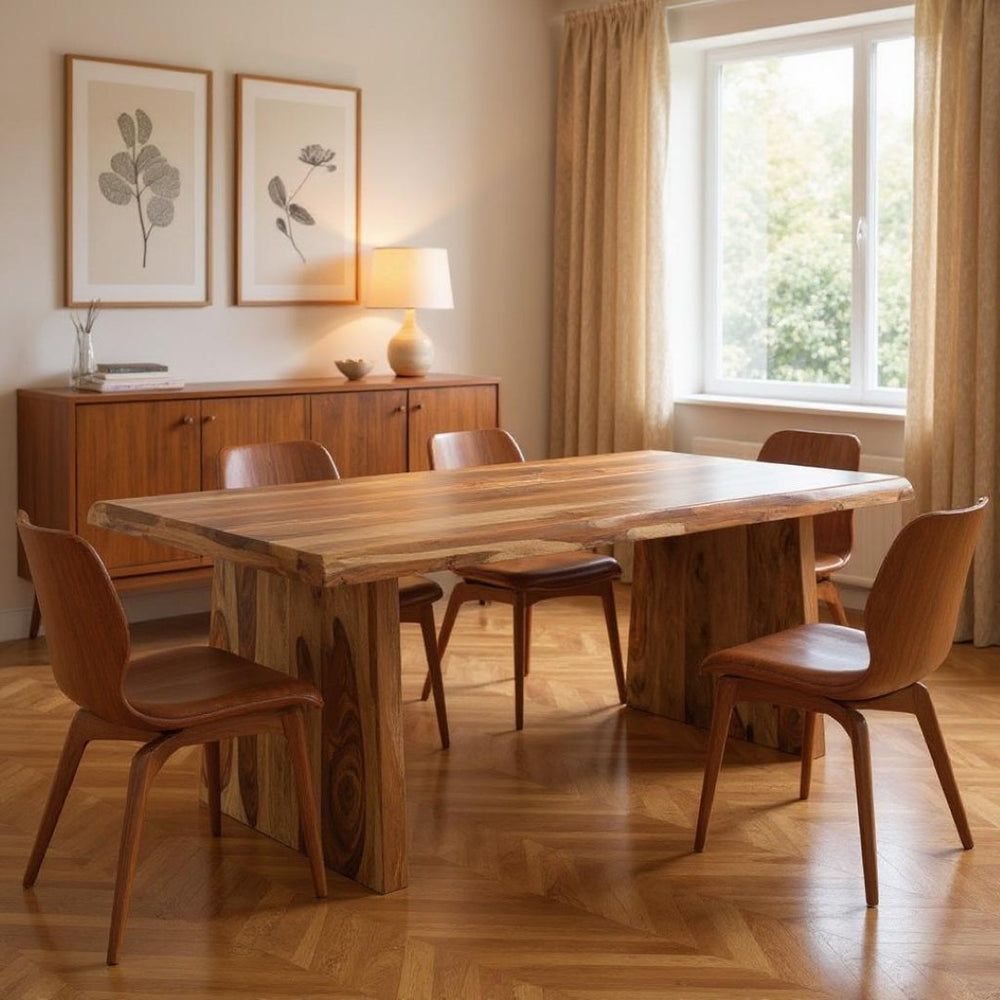 HomeRoots 86" Rustic Live Edge Dining Table - Handcrafted Sheesham Wood, Double Pedestal, Seats 8 Comfortably 565237