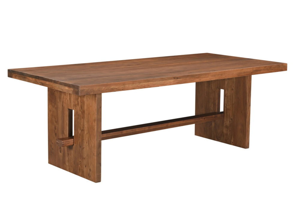 HomeRoots 86" Brown Wood Trestle Base Dining Table - Rustic Acacia Elegance for Dining & Entertaining Spaces 565242