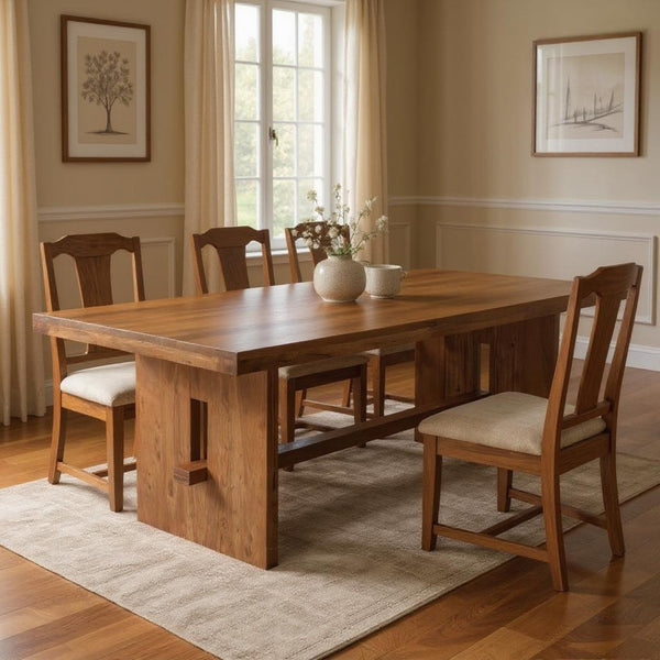 HomeRoots 86" Brown Wood Trestle Base Dining Table - Rustic Acacia Elegance for Dining & Entertaining Spaces 565242