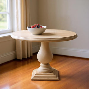 HomeRoots 48" Natural Solid Wood Pedestal Dining Table - Rustic Round Top, Inviting Design for Family Gatherings 565245