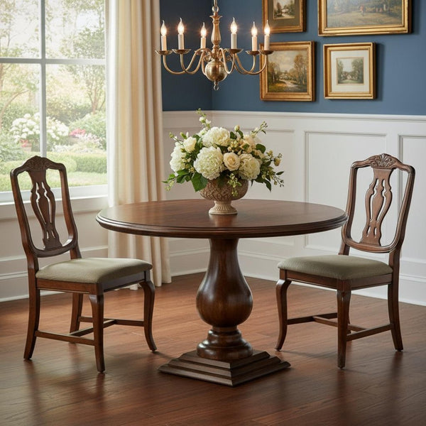 HomeRoots 48" Brown Solid Wood Round Dining Table with Pedestal Base - Timeless Design for Family Gatherings 565246