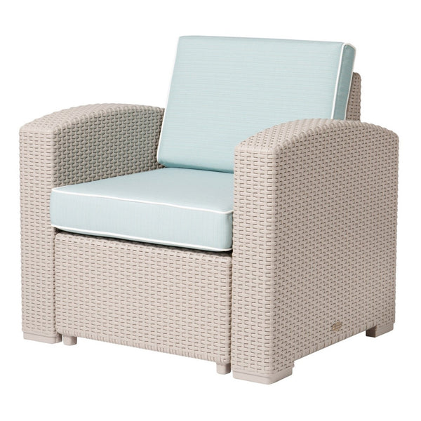 HomeRoots 33" Gray Heavy Duty Plastic Outdoor Club Chair with Removable Blue Cushion for Stylish Comfort 565249