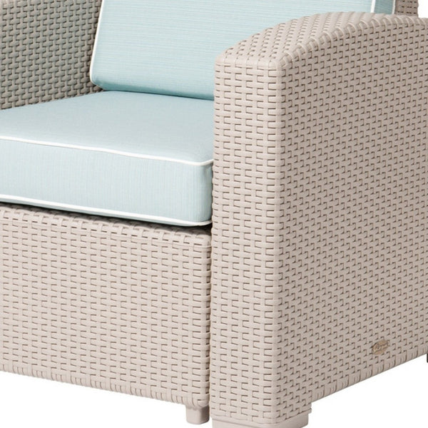 HomeRoots 33" Gray Heavy Duty Plastic Outdoor Club Chair with Removable Blue Cushion for Stylish Comfort 565249