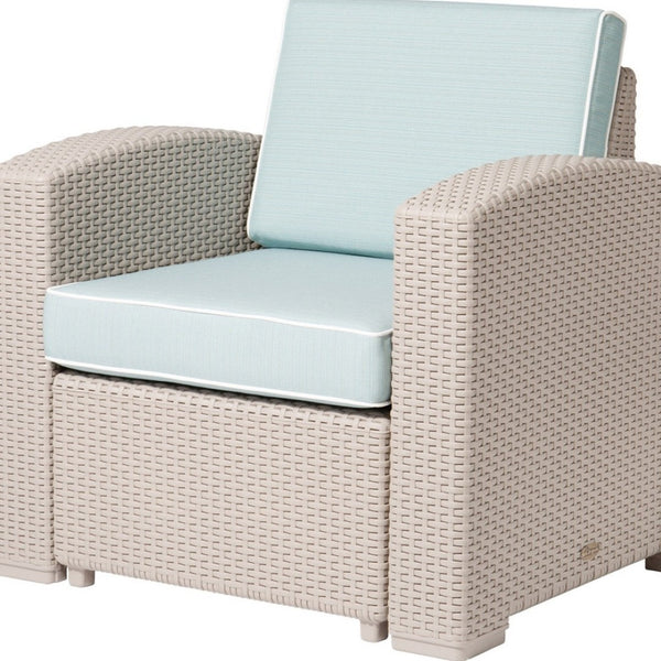HomeRoots 33" Gray Heavy Duty Plastic Outdoor Club Chair with Removable Blue Cushion for Stylish Comfort 565249