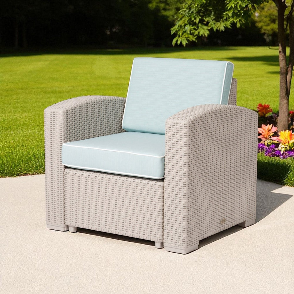 HomeRoots 33" Gray Heavy Duty Plastic Outdoor Club Chair with Removable Blue Cushion for Stylish Comfort 565249