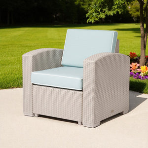 HomeRoots 33" Gray Heavy Duty Plastic Outdoor Club Chair with Removable Blue Cushion for Stylish Comfort 565249
