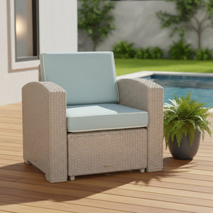 HomeRoots 33" Gray Heavy Duty Plastic Outdoor Club Chair with Removable Blue Cushion for Stylish Comfort 565249