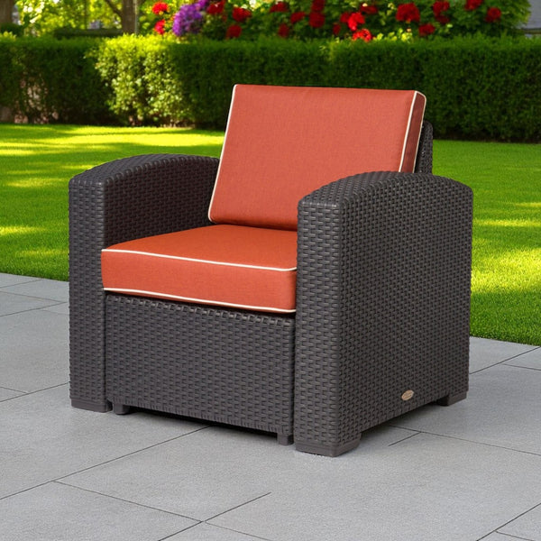 HomeRoots 33" Stylish Black Heavy Duty Outdoor Club Chair with Removable Red Cushion for Ultimate Comfort 565250