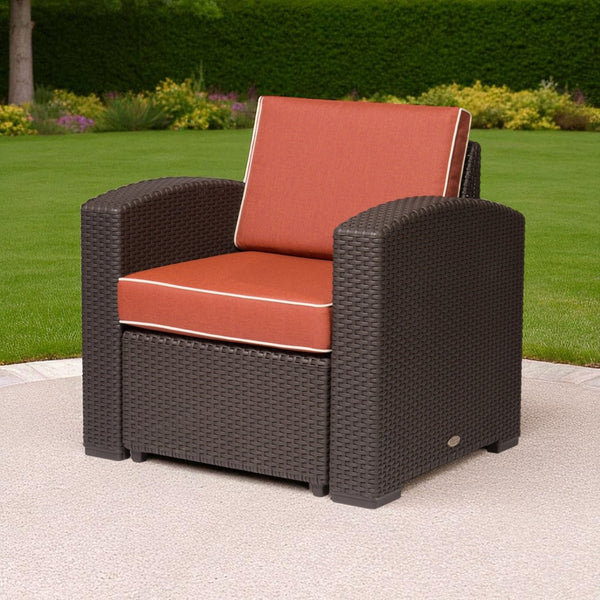 HomeRoots 33" Red Heavy Duty Plastic Outdoor Accent Chair with Removable Cushion for Stylish Comfort & Durability 565251