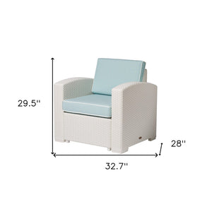 HomeRoots 33" White Heavy Duty Plastic Outdoor Club Chair with Detachable Aqua Blue Cushion for Versatile Comfort 565252