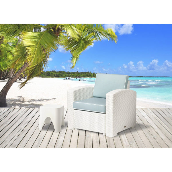 HomeRoots 33" White Heavy Duty Plastic Outdoor Club Chair with Detachable Aqua Blue Cushion for Versatile Comfort 565252