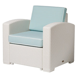 HomeRoots 33" White Heavy Duty Plastic Outdoor Club Chair with Detachable Aqua Blue Cushion for Versatile Comfort 565252