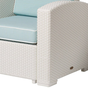 HomeRoots 33" White Heavy Duty Plastic Outdoor Club Chair with Detachable Aqua Blue Cushion for Versatile Comfort 565252
