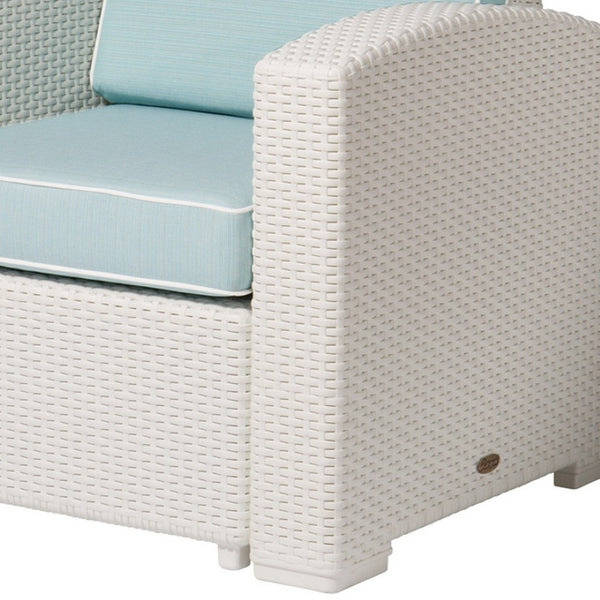 HomeRoots 33" White Heavy Duty Plastic Outdoor Club Chair with Detachable Aqua Blue Cushion for Versatile Comfort 565252