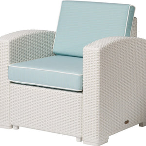HomeRoots 33" White Heavy Duty Plastic Outdoor Club Chair with Detachable Aqua Blue Cushion for Versatile Comfort 565252