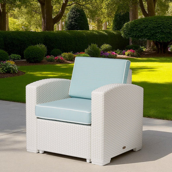 HomeRoots 33" White Heavy Duty Plastic Outdoor Club Chair with Detachable Aqua Blue Cushion for Versatile Comfort 565252
