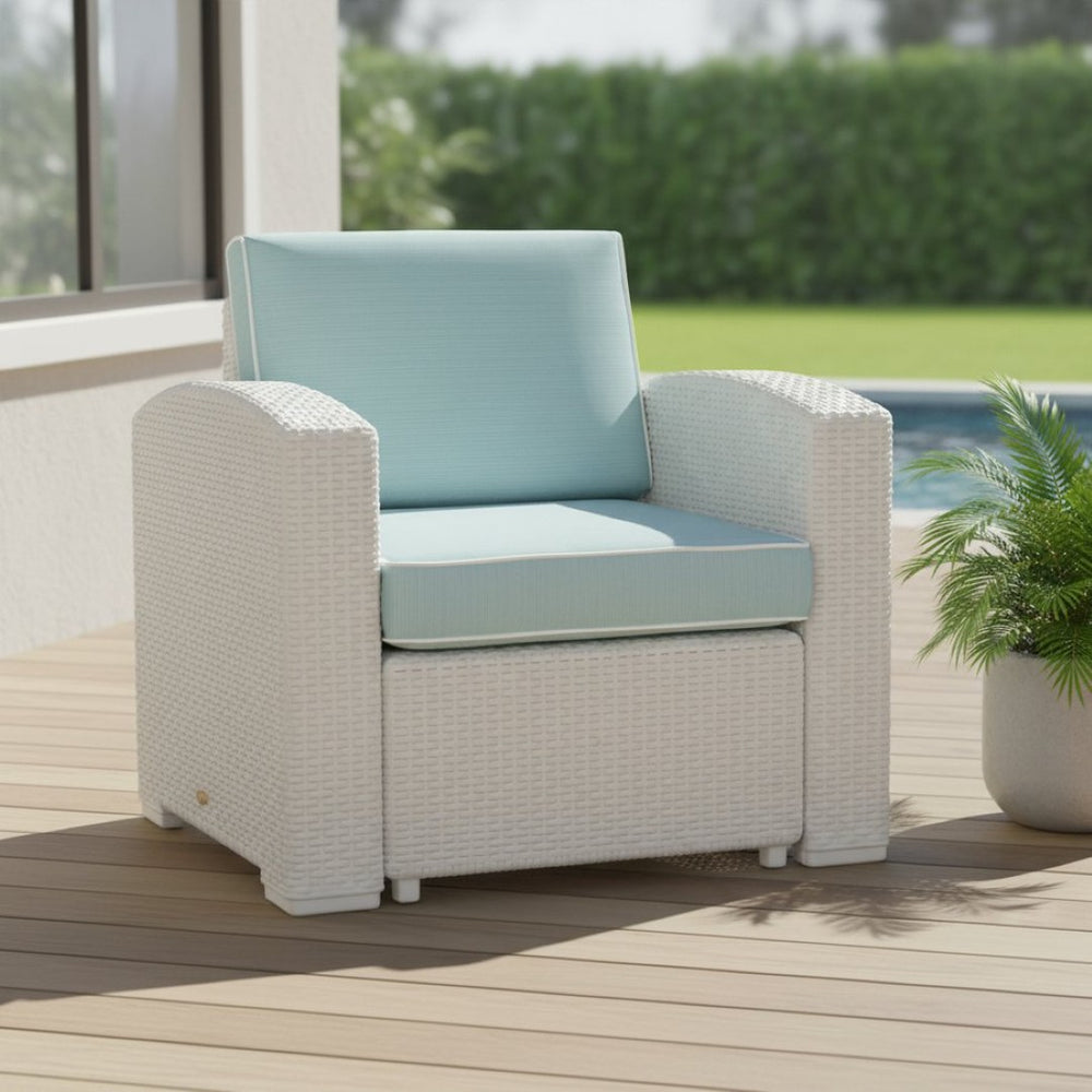 HomeRoots 33" White Heavy Duty Plastic Outdoor Club Chair with Detachable Aqua Blue Cushion for Versatile Comfort 565252
