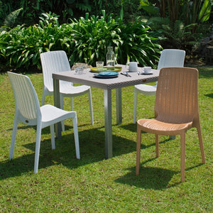 HomeRoots Set of Four Tan Stacking Chairs - Heavy-Duty Faux Rattan Design for Outdoor Dining & Versatile Use 565256