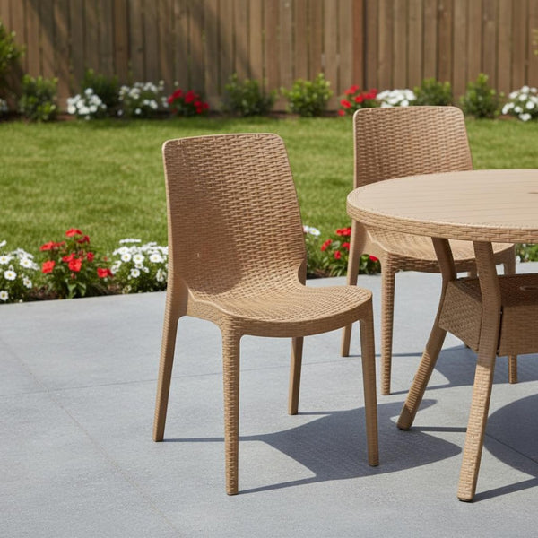 HomeRoots Set of Four Tan Stacking Chairs - Heavy-Duty Faux Rattan Design for Outdoor Dining & Versatile Use 565256