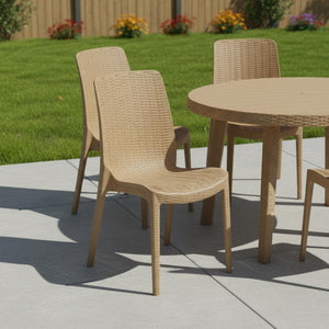 HomeRoots Set of Four Tan Stacking Chairs - Heavy-Duty Faux Rattan Design for Outdoor Dining & Versatile Use 565256