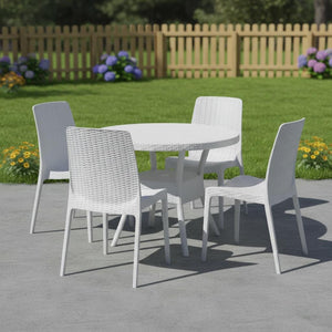 HomeRoots Set of Four White Stacking Chairs – Heavy-Duty, Weather-Resistant, Space-Saving for Outdoor Dining 565257
