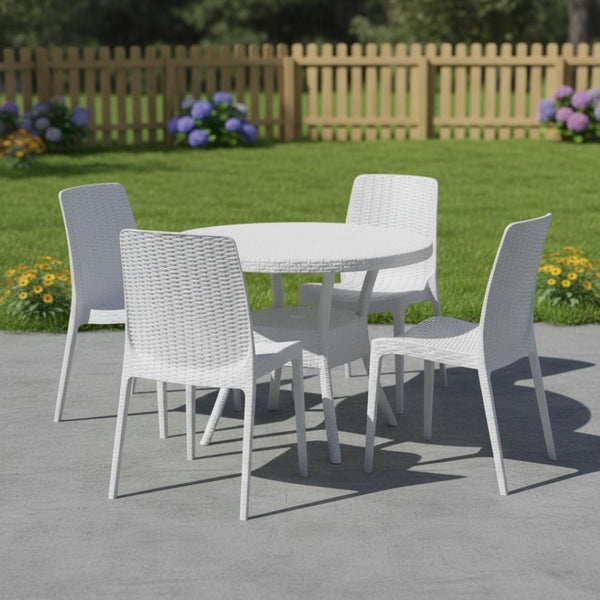 HomeRoots Set of Four White Stacking Chairs – Heavy-Duty, Weather-Resistant, Space-Saving for Outdoor Dining 565257