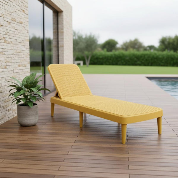HomeRoots 75" Gold Heavy-Duty Plastic Chaise Lounge - Adjustable, Stackable, UV-Resistant for Outdoor Relaxation 565263