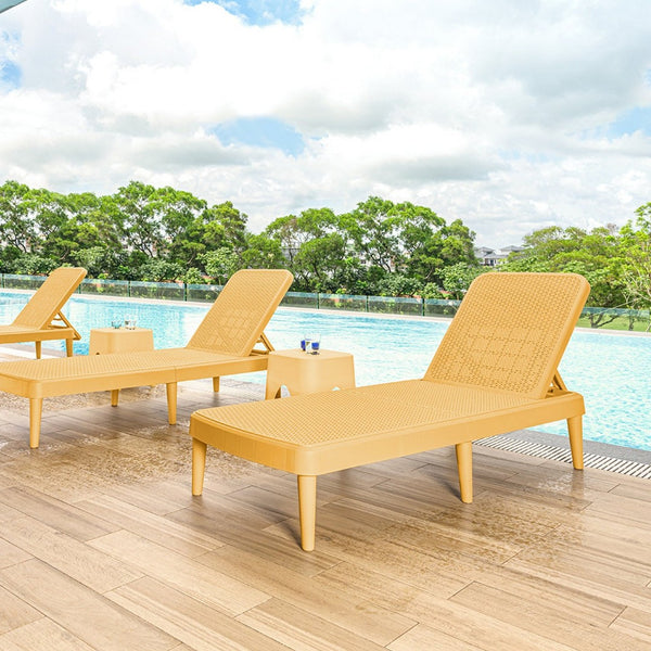 HomeRoots 75" Gold Heavy-Duty Plastic Chaise Lounge - Adjustable, Stackable, UV-Resistant for Outdoor Relaxation 565263