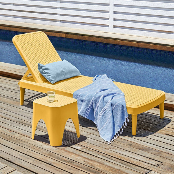 HomeRoots 75" Gold Heavy-Duty Plastic Chaise Lounge - Adjustable, Stackable, UV-Resistant for Outdoor Relaxation 565263