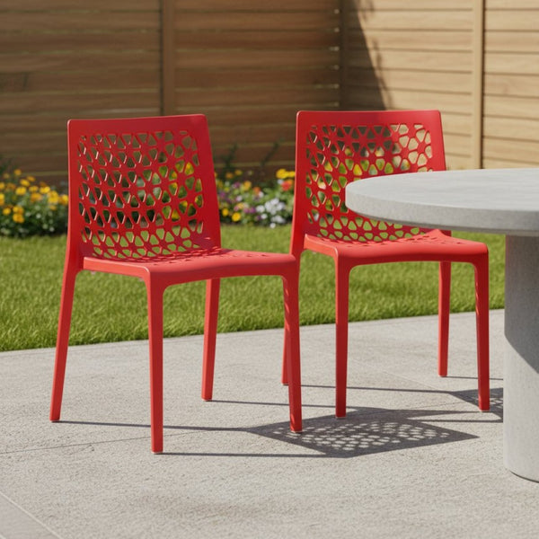 HomeRoots Set of Two Vibrant Red Heavy-Duty Stacking Chairs for Indoor & Outdoor Dining Spaces, Stylish & Durable 565269
