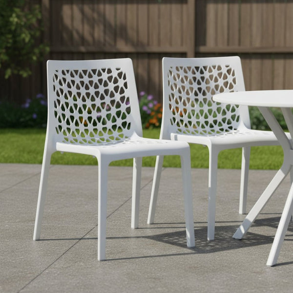 HomeRoots Set of Two White Heavy-Duty Stacking Chairs for Outdoor Dining, Patios, and Versatile Seating 565270