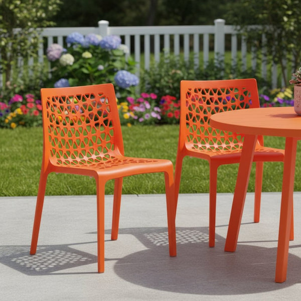 HomeRoots Set of Two Vibrant Orange Heavy-Duty Plastic Stacking Chairs for Indoor/Outdoor Dining Comfort 565271