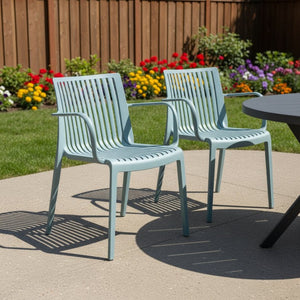 HomeRoots Set of Two Baby Blue Stackable Heavy-Duty Plastic Arm Chairs for Indoor and Outdoor Use 565272