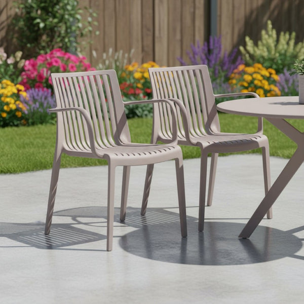 HomeRoots Set of Two Taupe Heavy-Duty Plastic Outdoor Arm Chairs – Stylish, Stackable, and Weather-Resistant! 565273