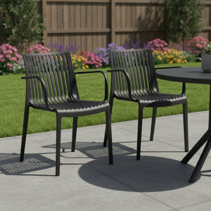 HomeRoots Set of Two Black Heavy-Duty Plastic Armchairs for Outdoor Comfort, Style, and Easy Storage Solutions 565274