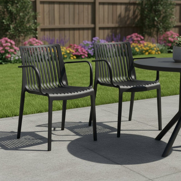 HomeRoots Set of Two Black Heavy-Duty Plastic Armchairs for Outdoor Comfort, Style, and Easy Storage Solutions 565274
