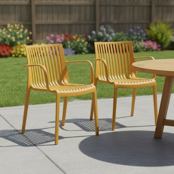 HomeRoots Set of Two Sturdy Yellow Plastic Outdoor Arm Chairs - Weather-Resistant, Stackable, and Stylish! 565276