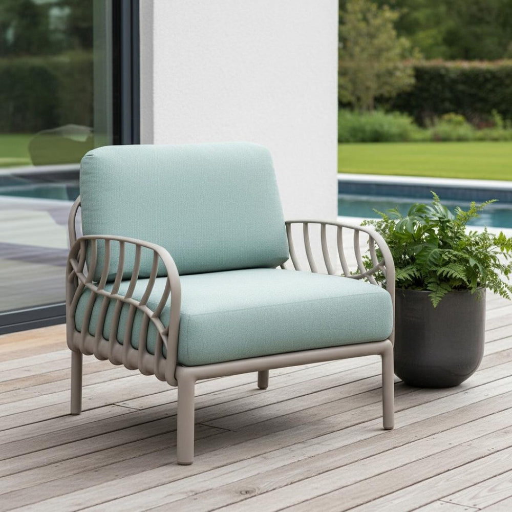 HomeRoots 31" Gray Heavy Duty Armchair with Seafoam Green Cushion – Weather-Resistant, Stylish Outdoor Seating 565277