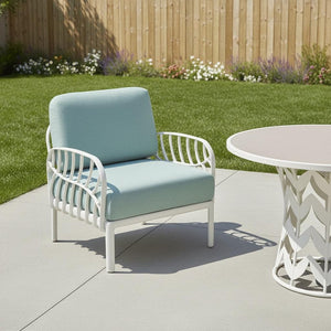 HomeRoots 31" Stylish White Outdoor Armchair with Quick-Dry Seafoam Cushion – Durable, Weather-Resistant Design 565279
