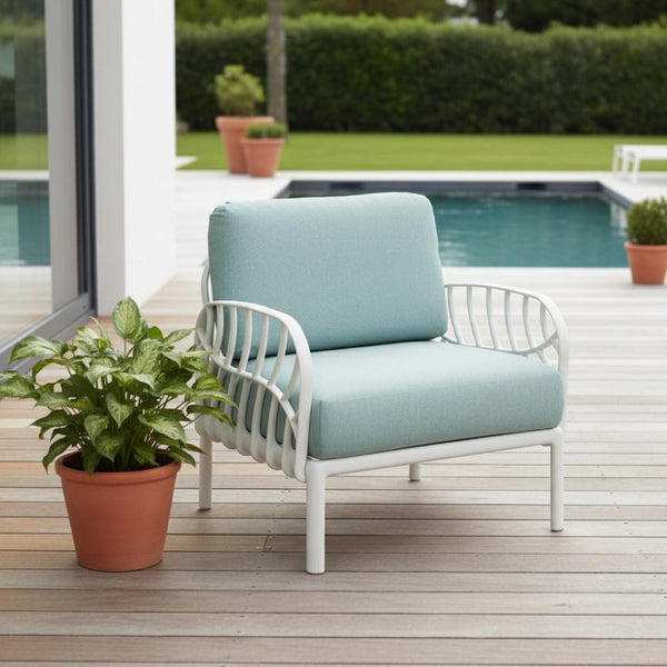 HomeRoots 31" Stylish White Outdoor Armchair with Quick-Dry Seafoam Cushion – Durable, Weather-Resistant Design 565279