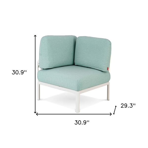 HomeRoots 31" Modular Outdoor Corner Chair – Heavy Duty White Plastic with Seafoam Green Cushion for Comfort 565280
