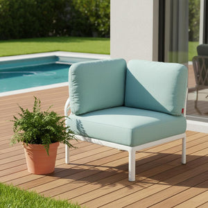 HomeRoots 31" Modular Outdoor Corner Chair – Heavy Duty White Plastic with Seafoam Green Cushion for Comfort 565280