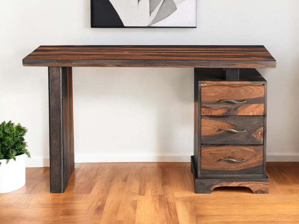 HomeRoots 54" Solid Wood Writing Desk with Mid-Century Design, Two-Tone Finish & Three Drawers for Storage 565282