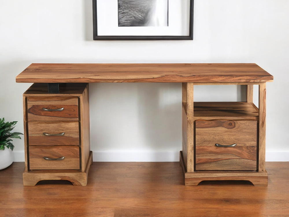 Homeroots 68" Brown Live Edge Solid Wood Writing Desk With 4 Drawers - Stylish & Functional Home Office Accent   565284